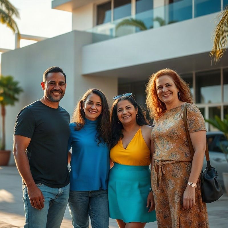 Equipe do Museumcompassm em frente a um edifício modernista de Curitiba
