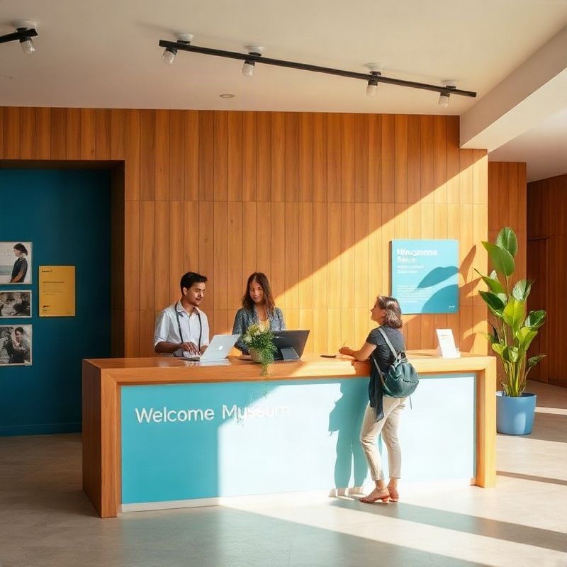 Recepção de museu em Curitiba com atendente auxiliando um visitante